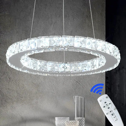 Modern crystal led pendant chandelier with sleek silver frame and clear crystal accents for dining room decorbites crystal led
