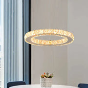 Modern crystal led pendant chandelier with double-ring faceted crystal design and warm led lighting for dining room decorbites crystal led
