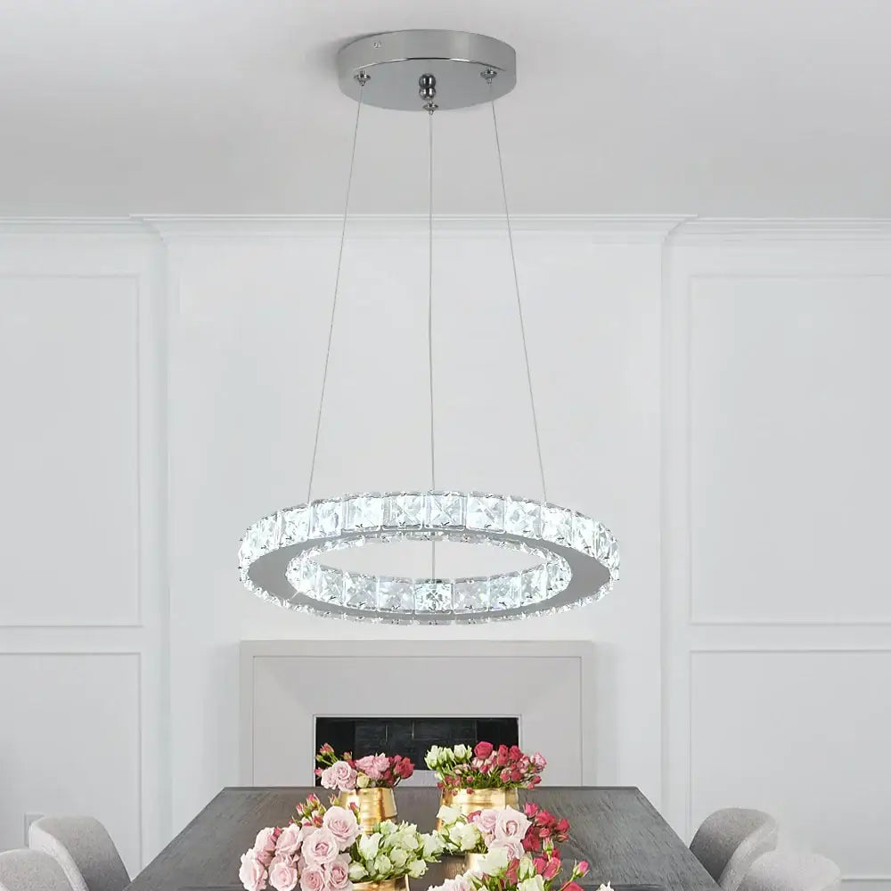 Modern crystal led pendant chandelier with sleek chrome finish and clear faceted crystals for dining room decorbites crystal led