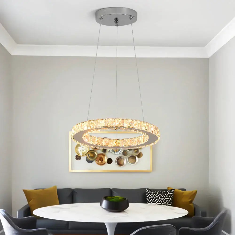 Modern crystal led pendant chandelier with double-ring design, clear crystal accents, and sleek chrome finish for dining room decorbites crystal led
