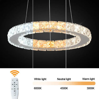 Modern crystal led pendant chandelier in white with adjustable led lighting in neutral and warm tones for dining room decorbites crystal led