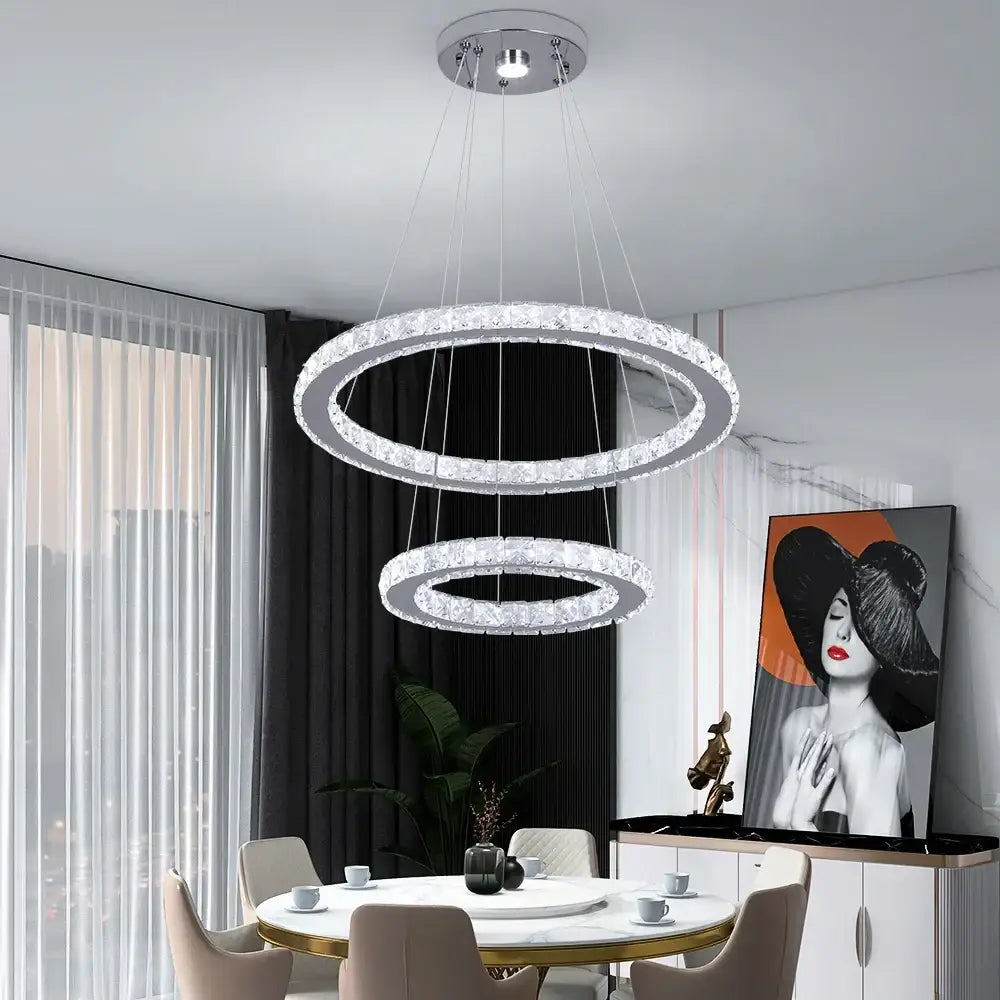 Modern crystal led pendant double ring chandelier with crystal-encrusted rings and sleek chrome finish for dining room decorbites crystal led