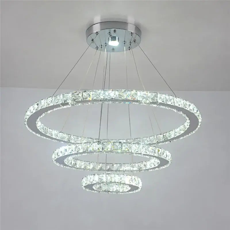 Modern chrome-finished crystal led pendant double ring chandelier with clear faceted crystals for dining room decorbites crystal led