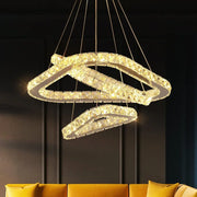 Modern crystal led pendant double ring chandelier with clear faceted crystals and warm golden glow for dining room decorbites crystal led