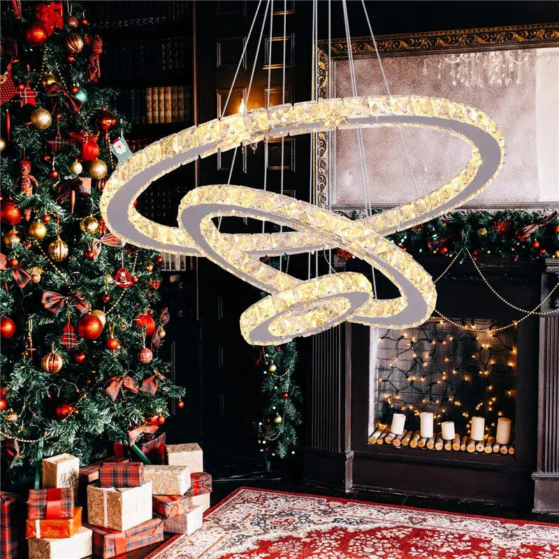 Modern crystal led pendant double ring chandelier with sparkling crystals and warm led lighting for dining room decorbites crystal led