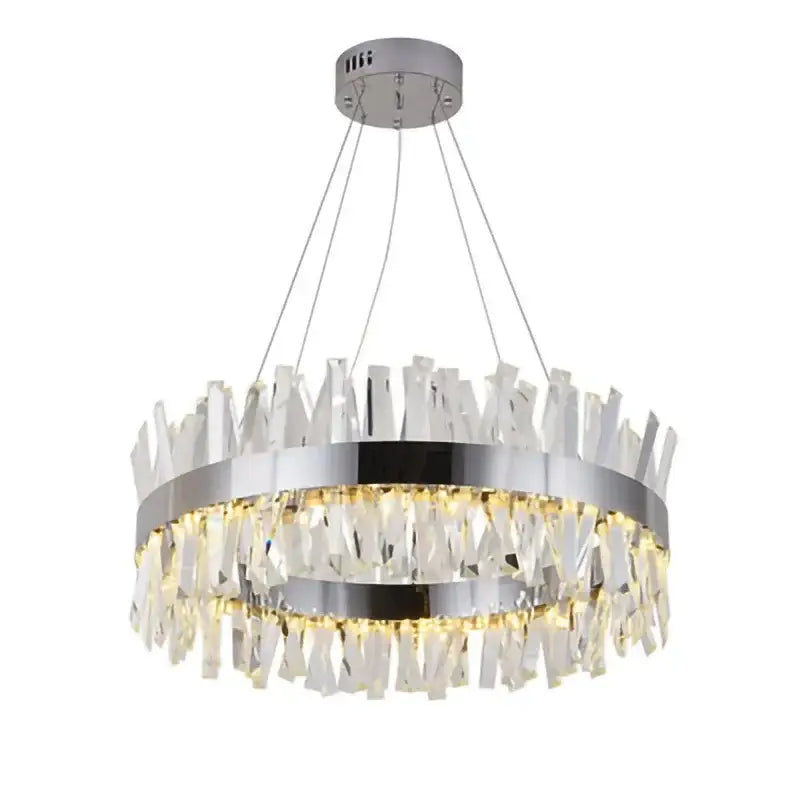 Modern crystal led ring chandelier with chrome finish and two concentric rings of faceted glass for luxury decorbites decor