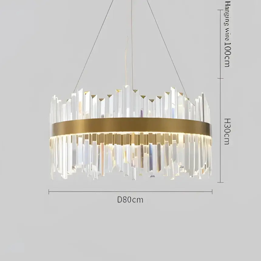 Modern crystal led ring chandelier with circular brass ring and cascading clear crystal prisms for luxury decorbites crystal led lighting