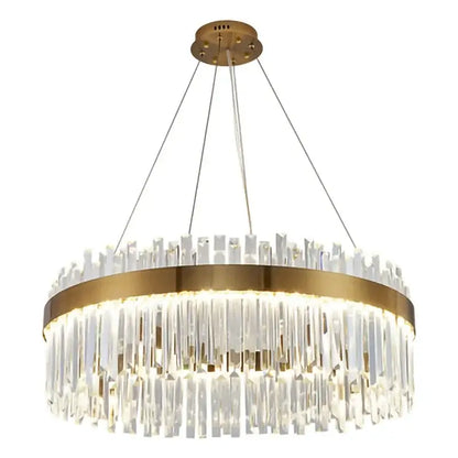 A modern crystal led ring chandelier with gold-toned metal frame and cascading clear prisms for luxury living room decorbites crystal led