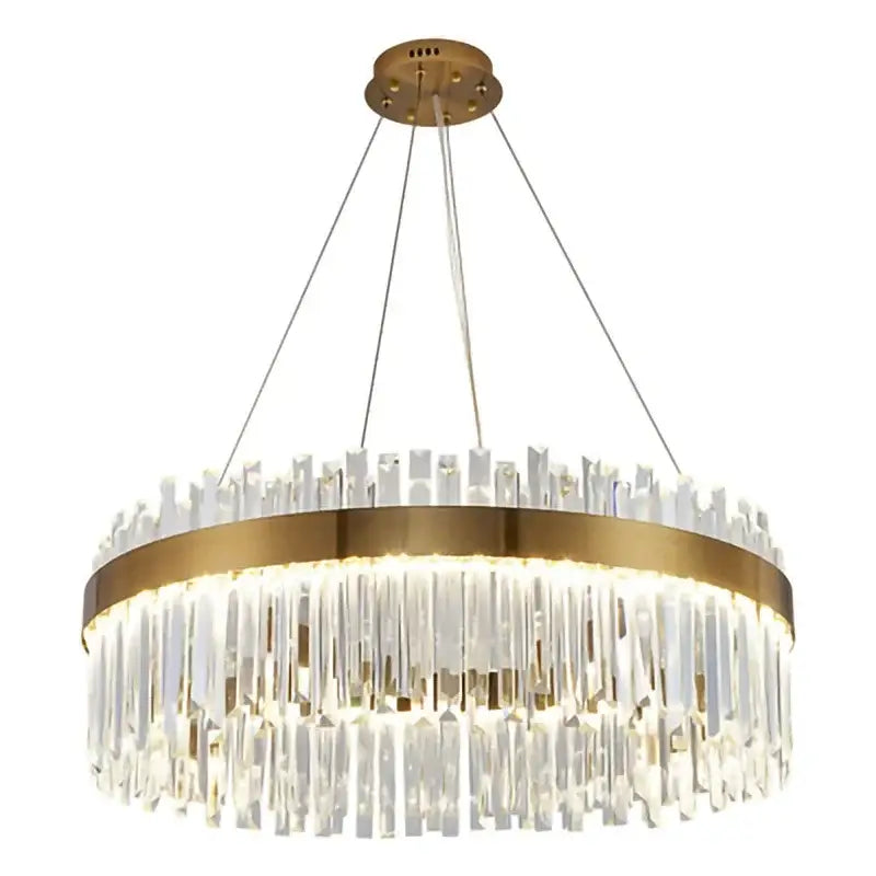 A modern crystal led ring chandelier with gold-toned metal frame and cascading clear prisms for luxury living room decorbites crystal led