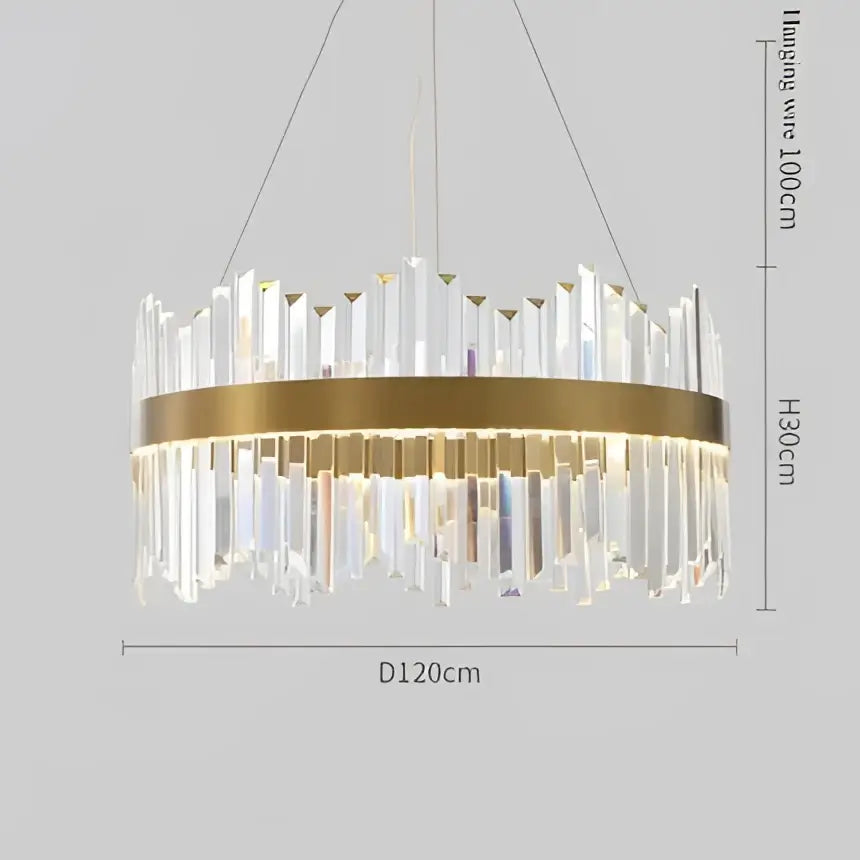 Modern crystal led ring chandelier with a circular brass ring and cascading clear crystal prisms for luxury decorbites decor