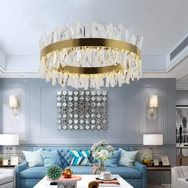 Modern crystal led ring chandelier with gold-toned frame and cascading clear crystal shards for luxury living room decorbites crystal led