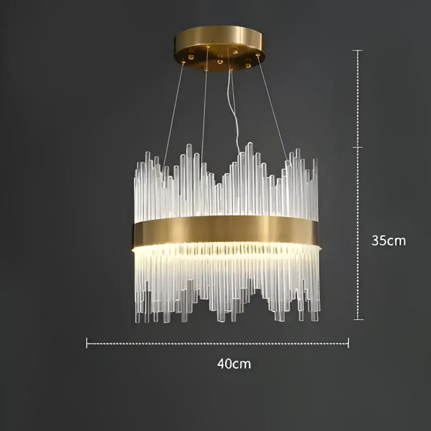 A modern crystal led ring chandelier with gold-toned frame and clear glass rods for luxury living room decorbites crystal led