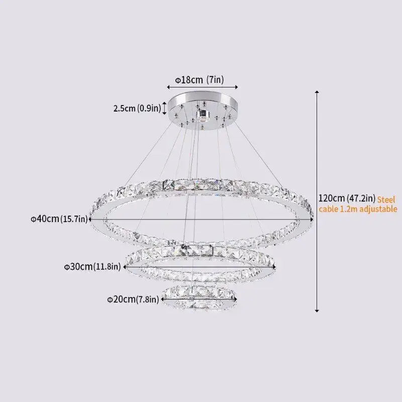 Modern chrome-finished decorbites crystal led ring pendant chandelier with three concentric rings for dining room decor