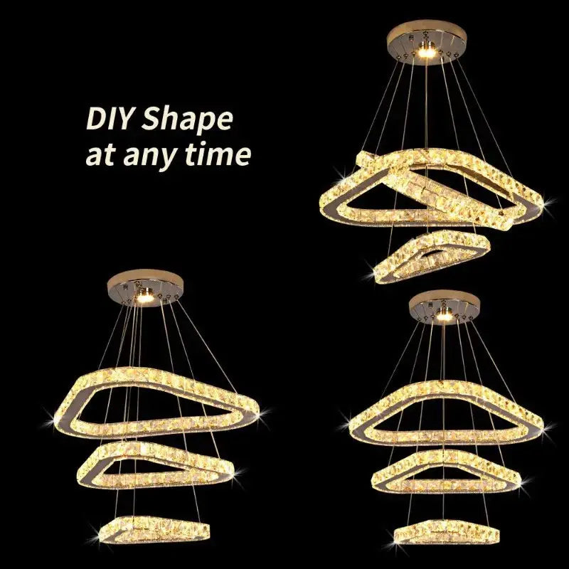 Modern gold-toned decorbites crystal led ring pendant chandelier with tiered interlocking rings for dining room decor