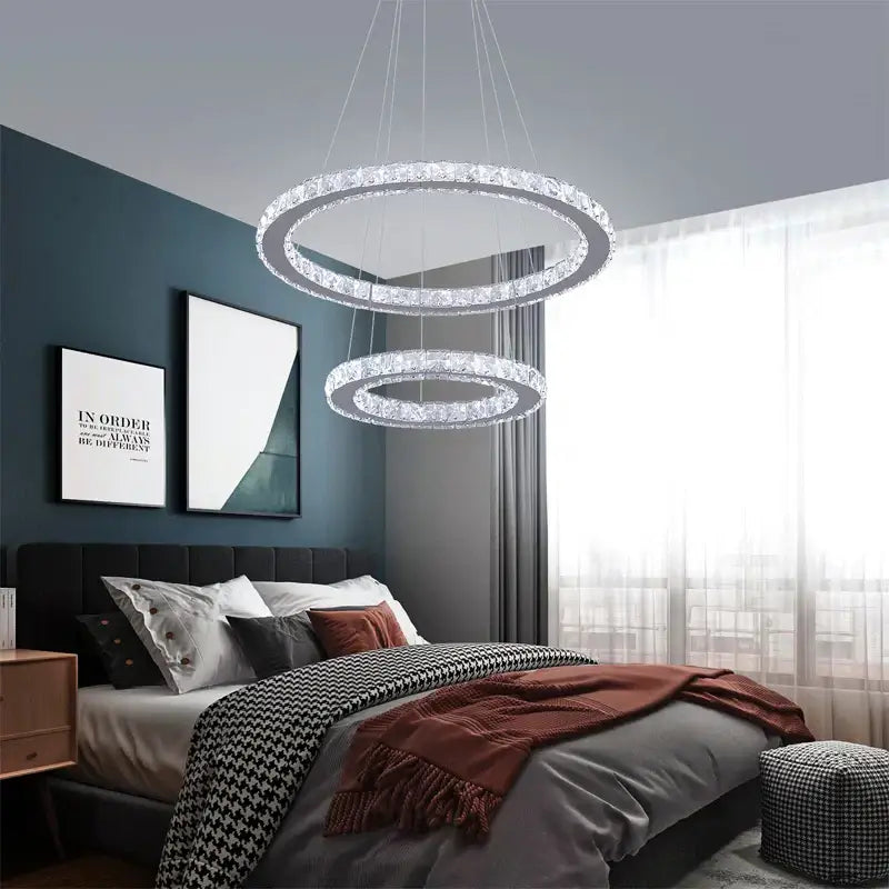 Modern crystal led ring pendant chandelier with double-ring design illuminated by decorbites crystal led for dining room decor