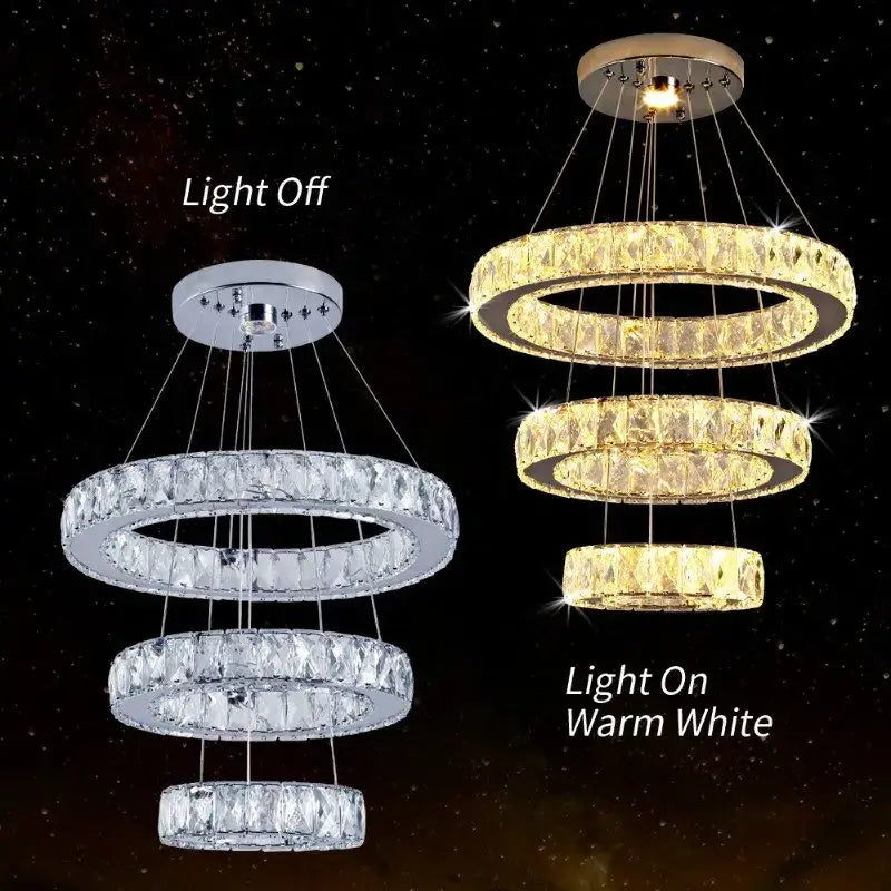 Modern crystal led ring pendant chandelier with three concentric chrome rings and warm white decorbites crystal led lighting
