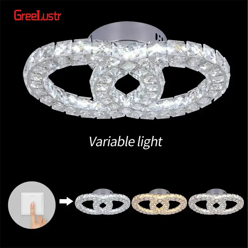 Modern crystal led square chandelier with two interlocking rings clear crystals and chrome base by greelustr decorbites crystal led