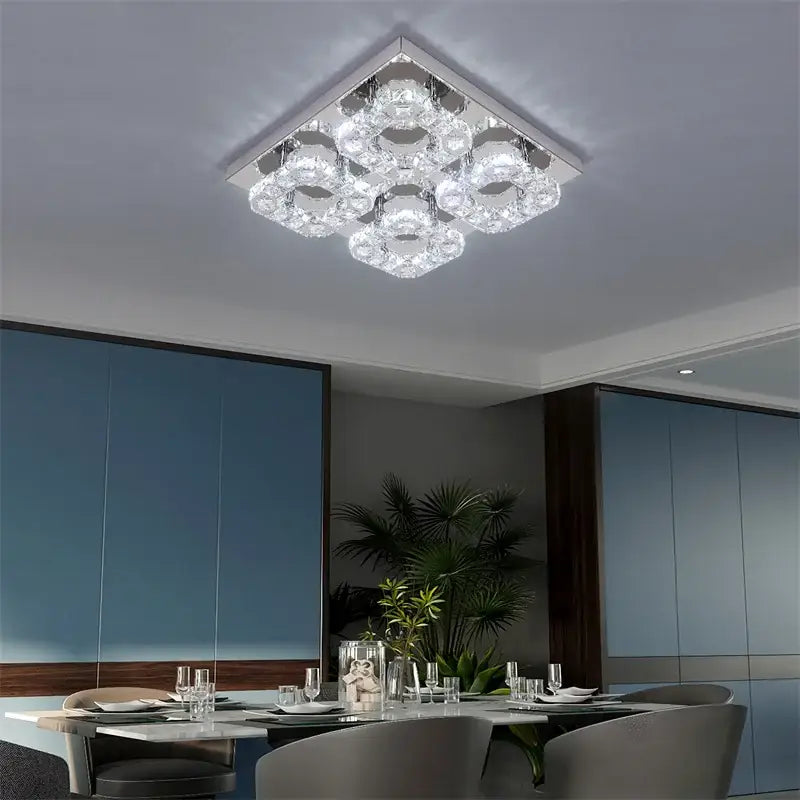 Modern crystal led square chandelier with clear glass rings and chrome frame for living room decorbites crystal led light