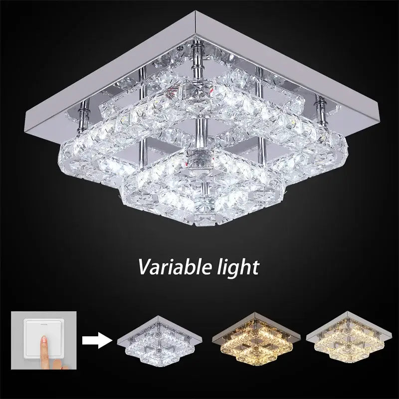 Modern crystal led square chandelier with chrome finish tiered design and variable lighting in white warm yellow and cool blue tones decorbites crystal led