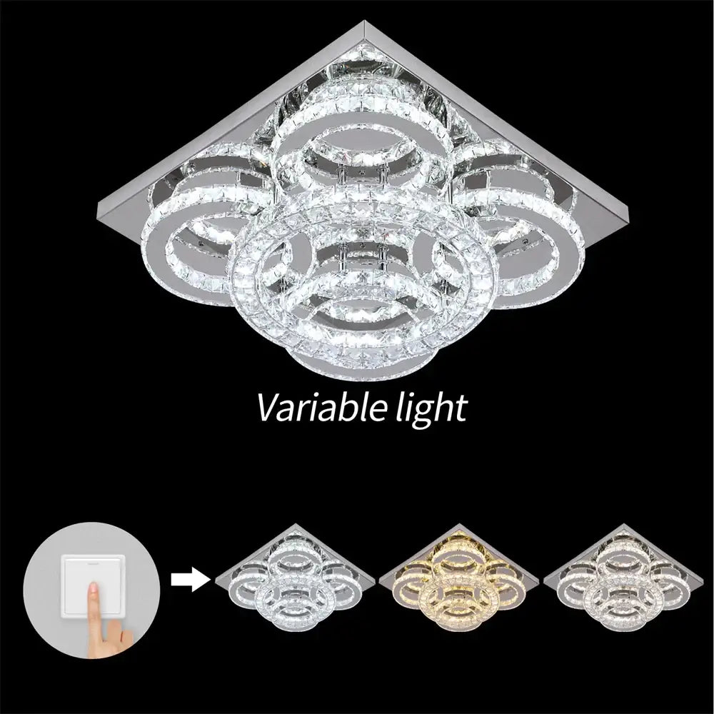 Modern crystal led square chandelier with multiple crystal rings and chrome finish for versatile living room lighting decorbites crystal led