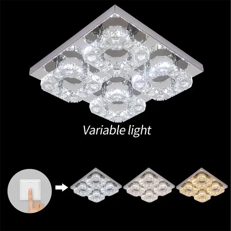 Modern crystal led square chandelier with chrome finish and clear faceted glass elements by decorbites crystal led