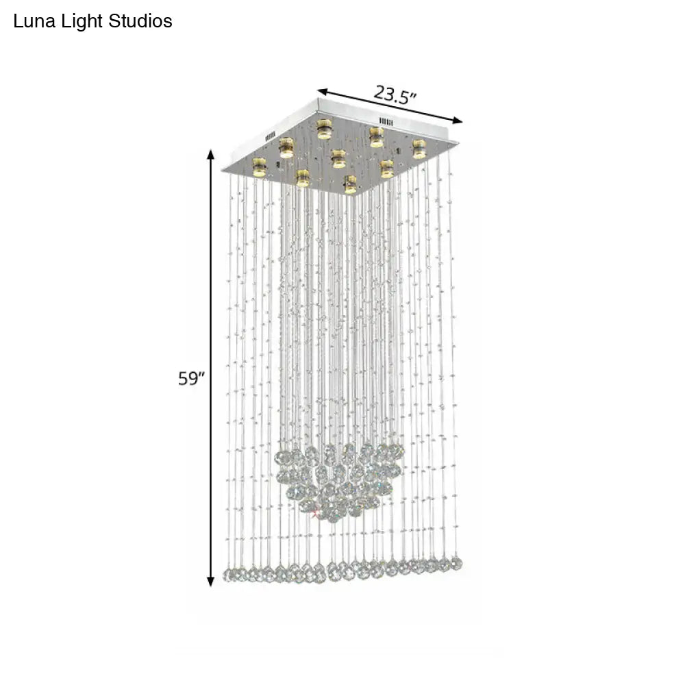 مصباح معلق على شكل شلال كريستالي عصري LED - مصباح سقف فضي مكون من 9 لمبات مع مظلة مربعة