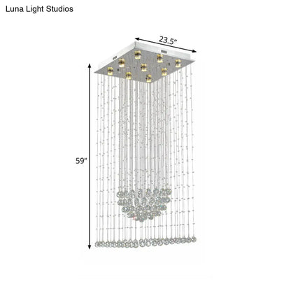 مصباح معلق على شكل شلال كريستالي عصري LED - مصباح سقف فضي مكون من 9 لمبات مع مظلة مربعة