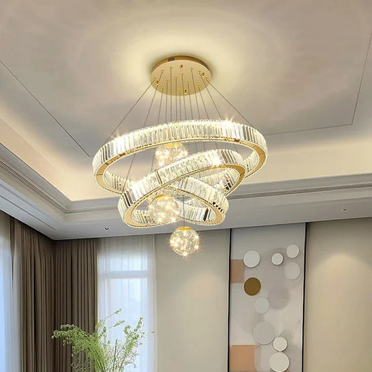 Modern Crystal Multi-Ring Pendant Light in Brushed Steel