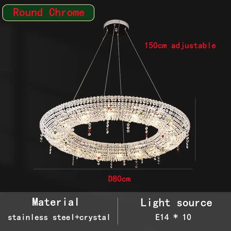 Modern crystal oval chandelier by decorbites with clear and red crystal strands and chrome frame, 80cm diameter for living room decor