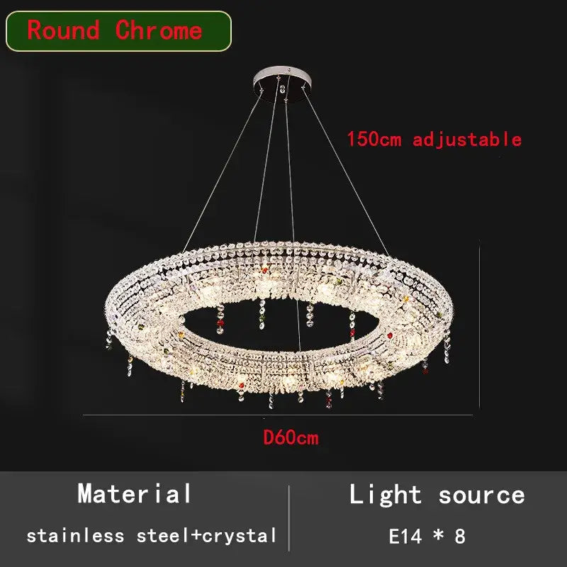 Round chrome decorbites crystal oval chandelier 60cm with clear and red crystal strands for modern living room decor
