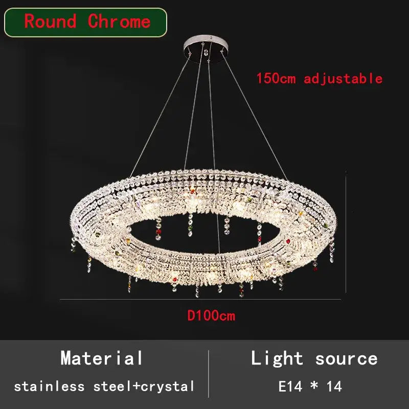 Modern chrome decorbites crystal oval chandelier 100cm with intricate crystal details and clear red LED lighting for living room