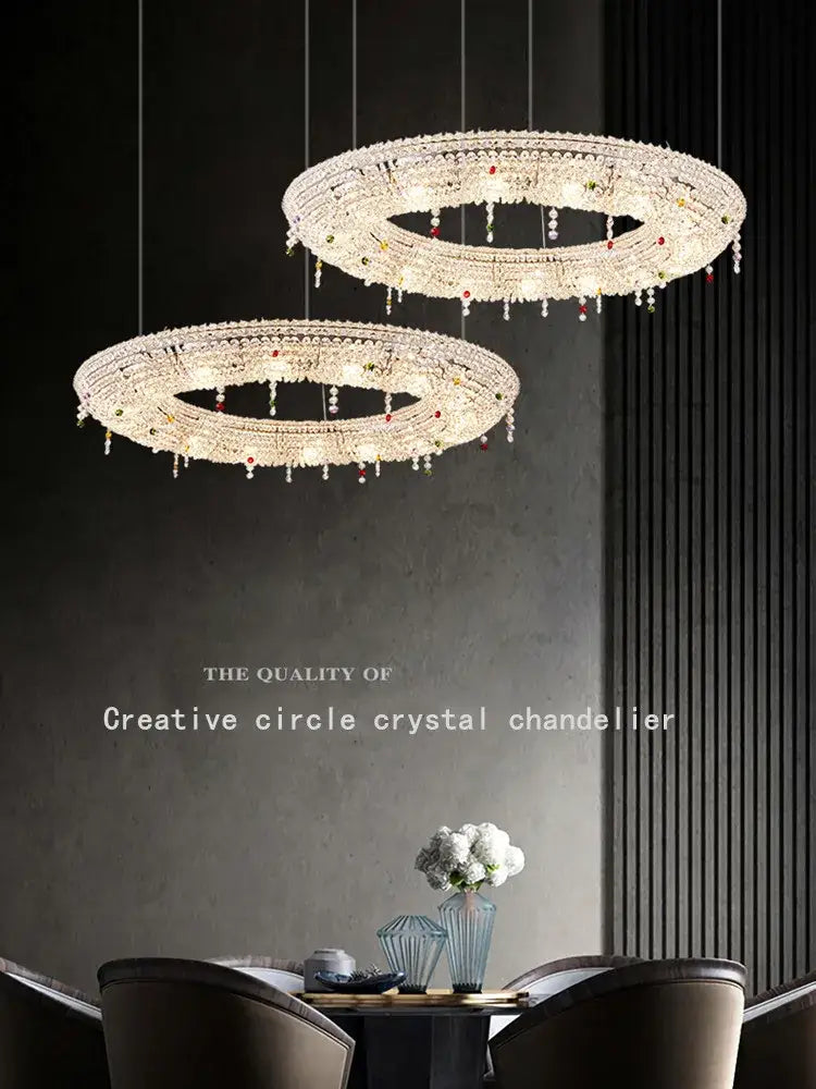 Two elegant decorbites crystal oval chandeliers with clear and red crystal droplets for modern living room decor
