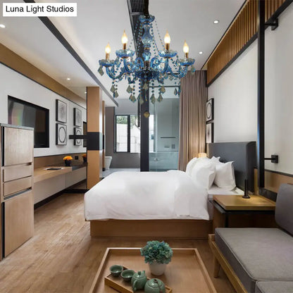 Lámpara de araña colgante moderna de cristal azul, 6/18 bombillas, diseño de vela/campana, 23,5"/37,5" de ancho