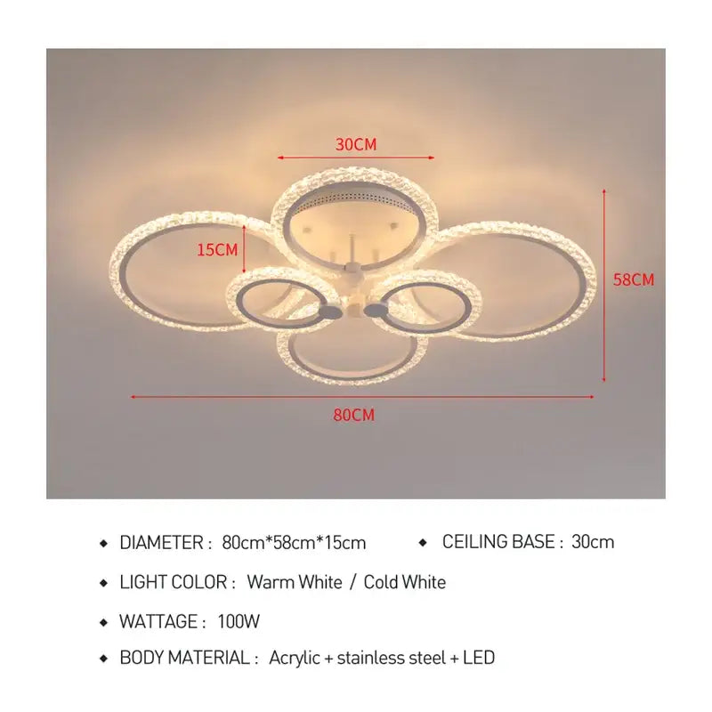 Modern crystal ring acrylic ceiling lights featuring four interlocking silver rings encrusted with clear crystals for living room