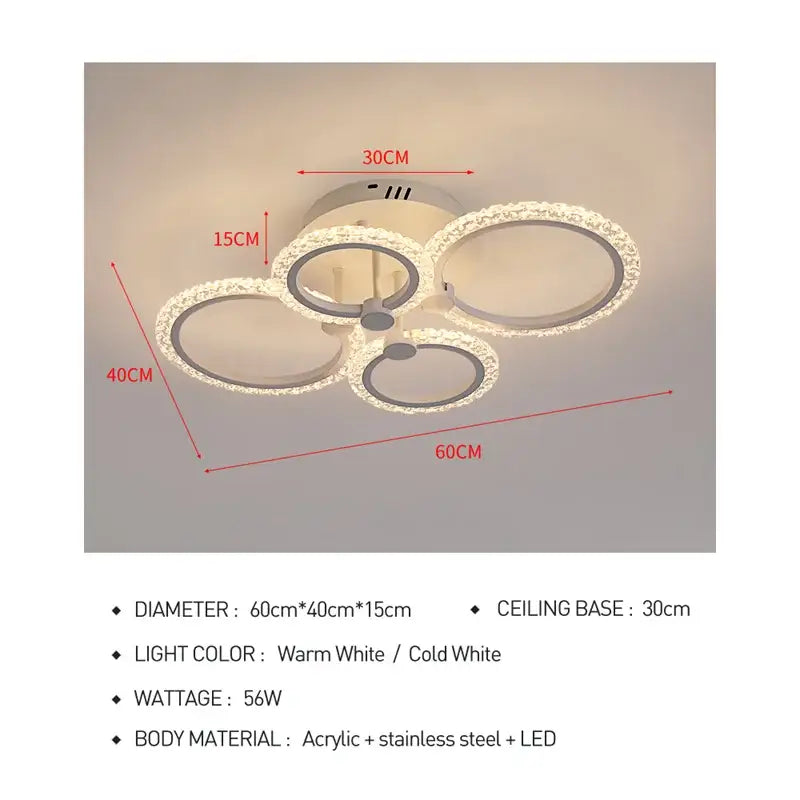 Modern crystal ring acrylic ceiling lights featuring four interlocking rings with crystal accents and a sleek metallic frame