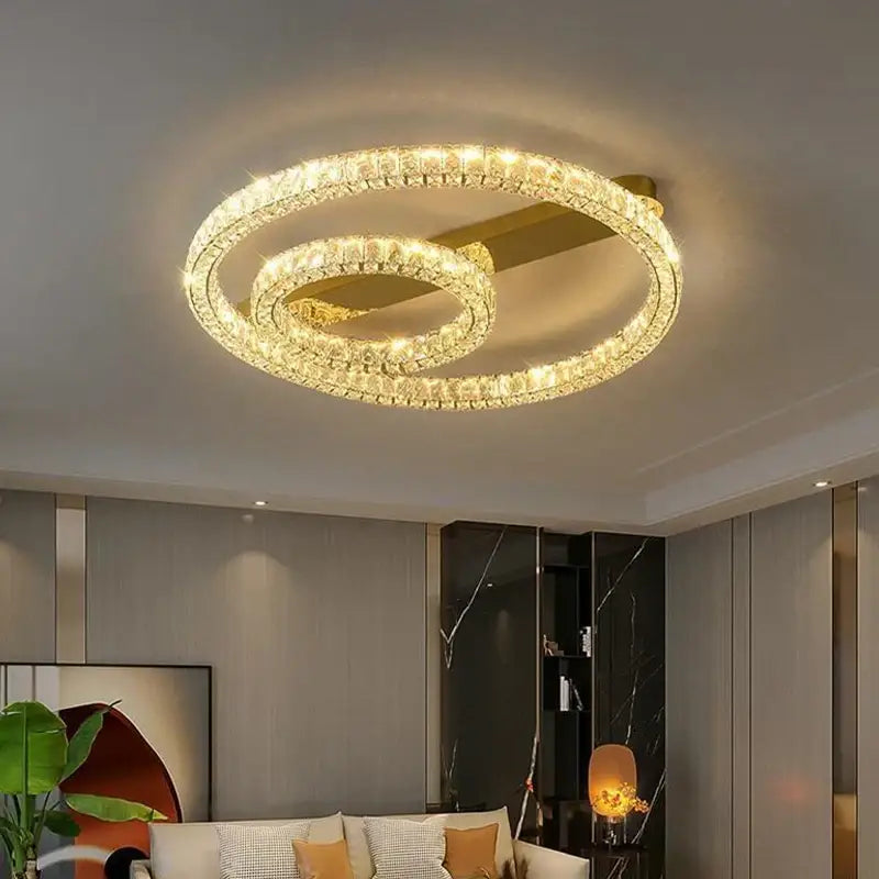 Modern crystal ring ceiling light with two gold rings and clear crystals for dining room dimmable decorbites crystal ring