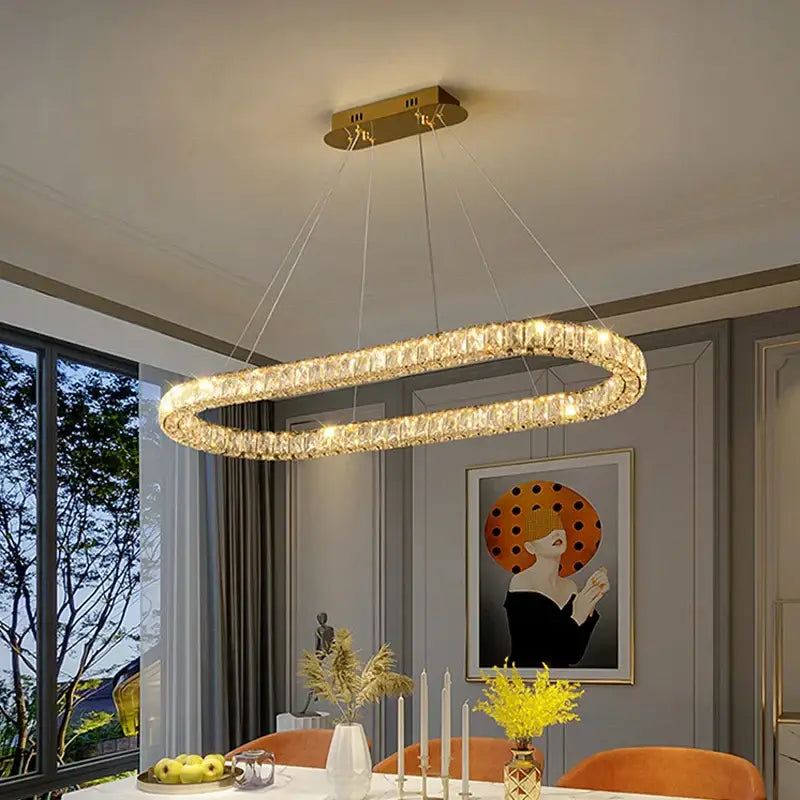 Modern gold crystal ring ceiling light with sparkling accents dimmable led chandelier for dining room decorbites ceiling light