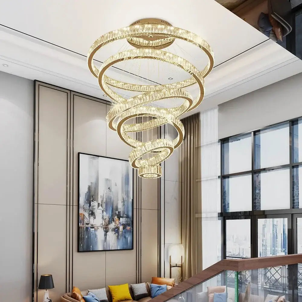 Modern crystal ring led chandelier with golden spiral design and crystal accents for elegant dining room decorbites crystal ring