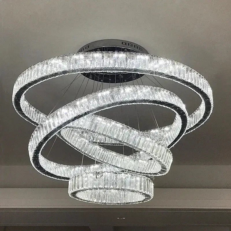 Modern crystal ring led chandelier with interlocking crystal rings and embedded leds for dining room decorbites lighting