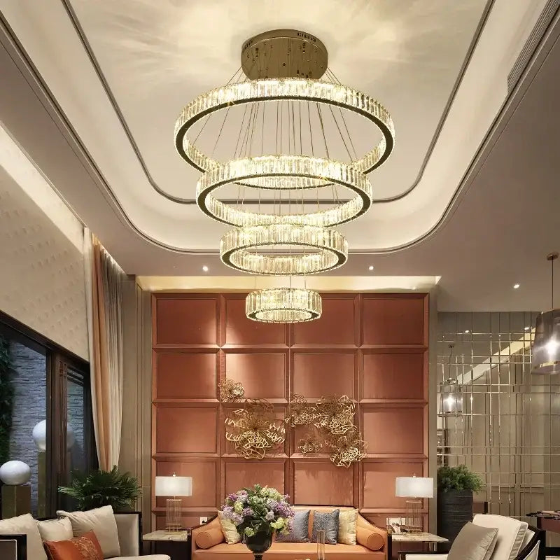 Modern crystal ring led chandelier with clear crystal and gold-toned metal for dining room decorbites crystal ring lighting