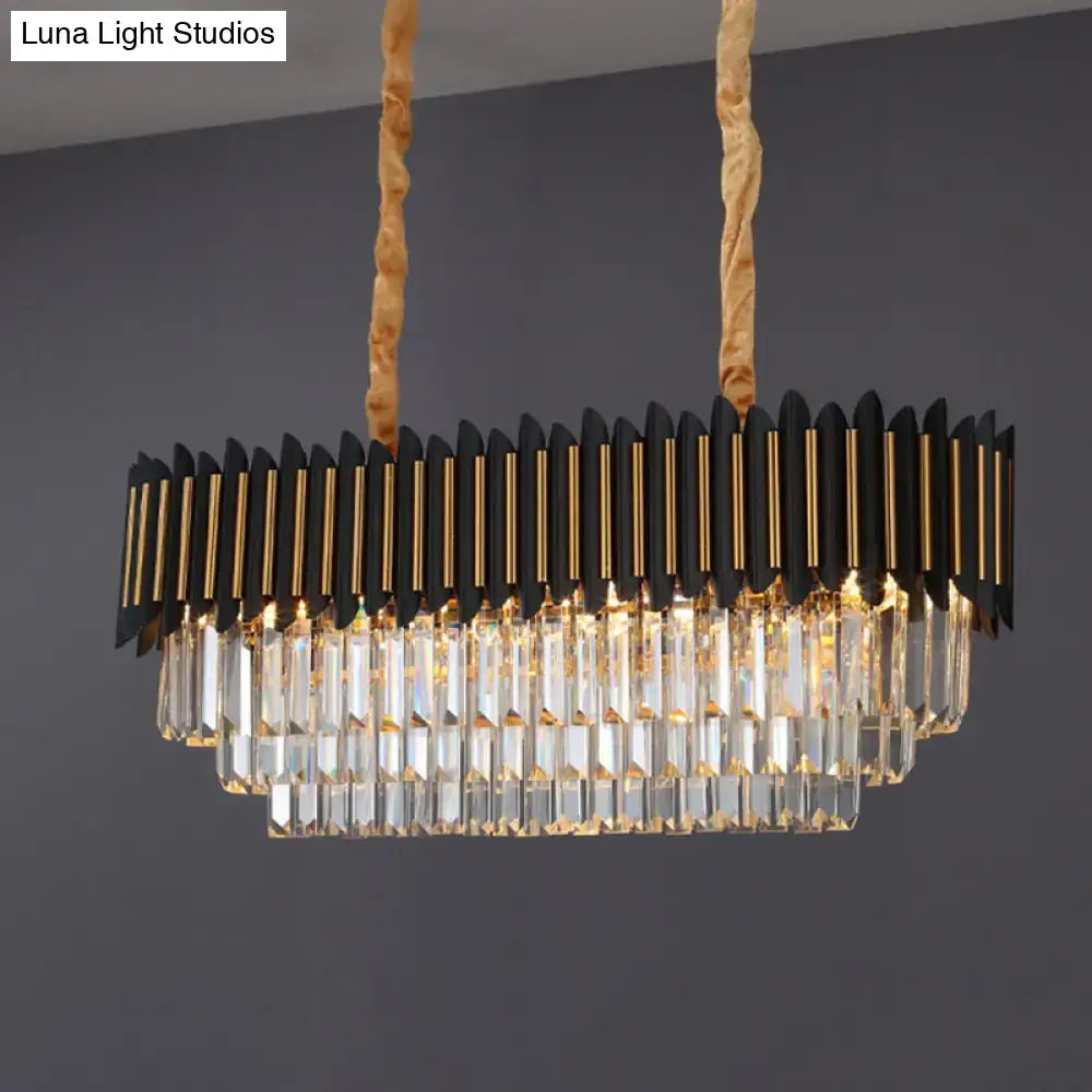 DecorBites modern crystal rod black gold rectangular chandelier with clear crystal prisms and twisted golden cords