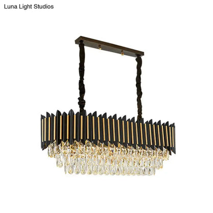 DecorBites™ modern black and gold rectangular chandelier with cascading crystal droplets and eight lights for island hanging