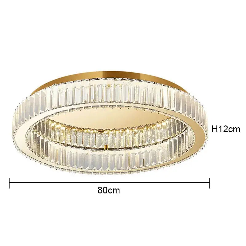 Modern crystal round ceiling lamp with gold-toned circular frame and faceted crystal bars for elegant living room decorbites lighting