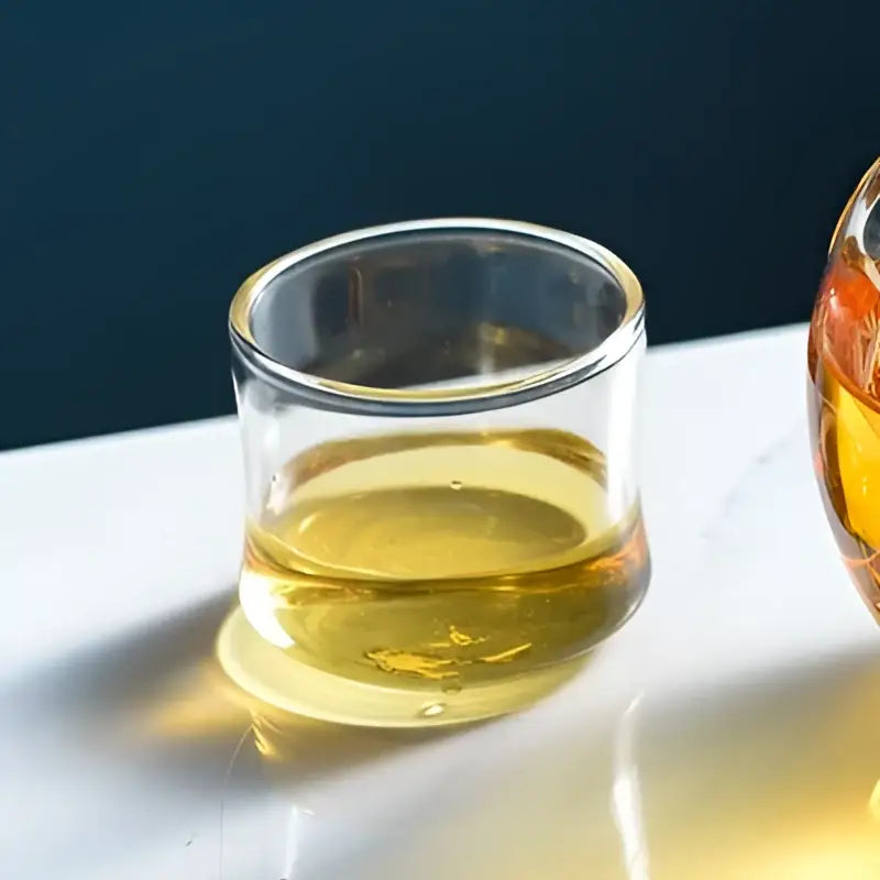 Modern crystal sake ice jug with a clear glass tumbler filled with golden liquid for decorbites crystal sake display