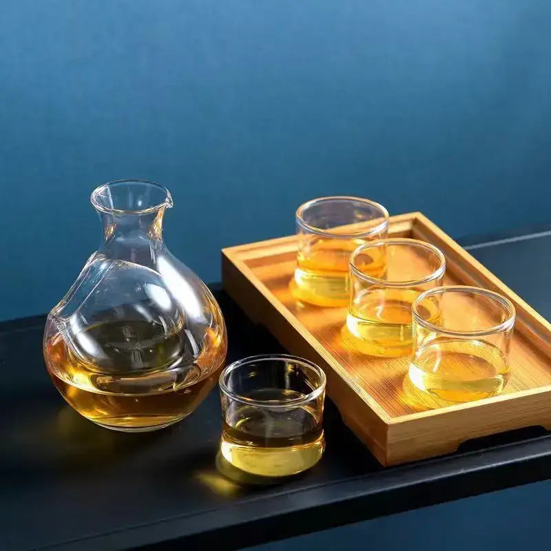 Modern crystal sake ice jug clear glass teapot with curved neck filled with amber liquid for decorbites crystal sake