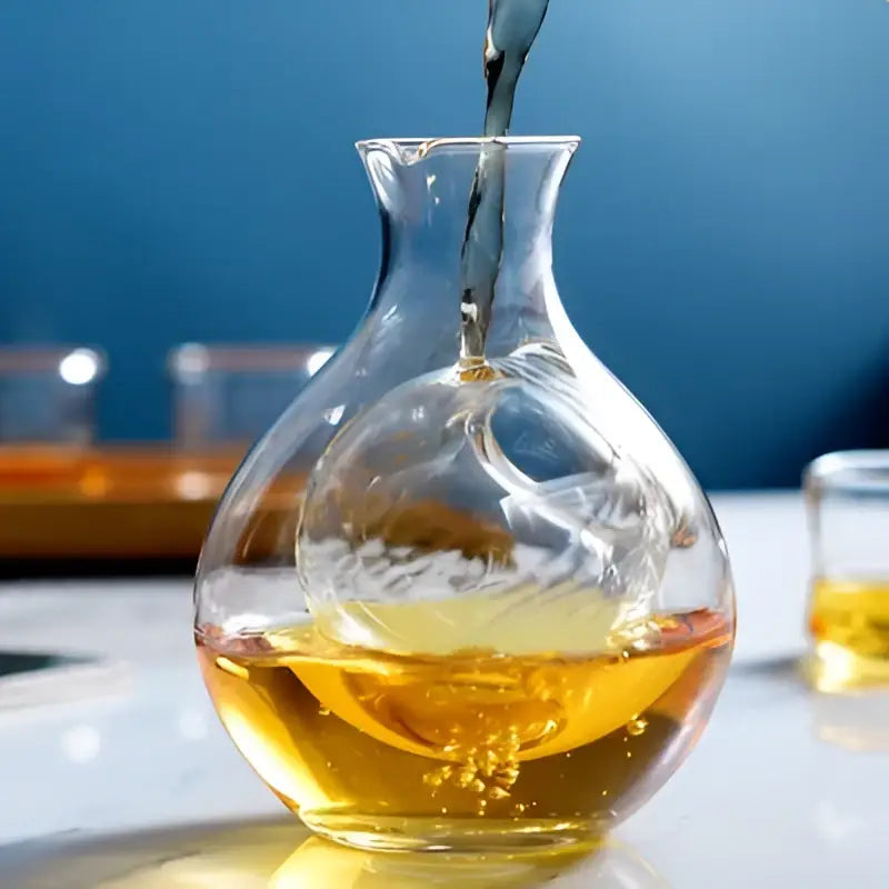 Modern crystal sake ice jug made of clear glass with a bulbous body filled halfway with golden amber liquid for decorbites crystal sake