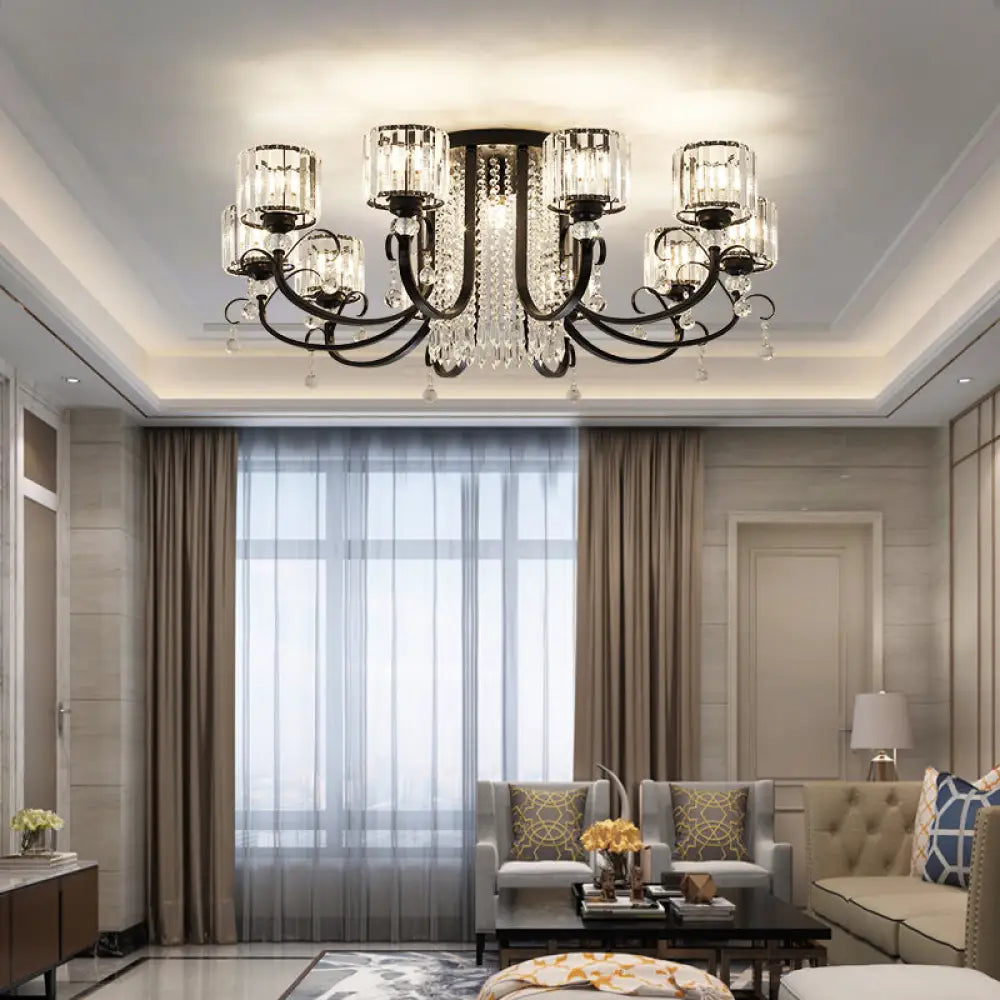 DecorBites™ DecorBites™ Modern Crystal Semi Flush Ceiling Light - Black Arc Arm Chandelier with Cylindrical Shade