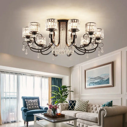 DecorBites™ DecorBites™ Modern Crystal Semi Flush Ceiling Light - Black Arc Arm Chandelier with Cylindrical Shade