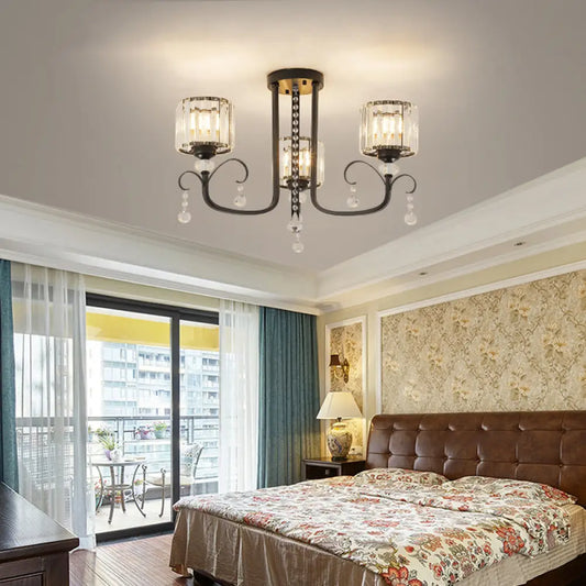 DecorBites™ DecorBites™ Modern Crystal Semi Flush Ceiling Light - Black Arc Arm Chandelier with Cylindrical Shade