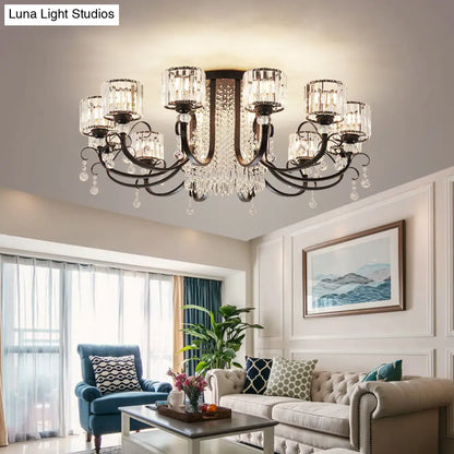DecorBites™ DecorBites™ Modern Crystal Semi Flush Ceiling Light - Black Arc Arm Chandelier with Cylindrical Shade